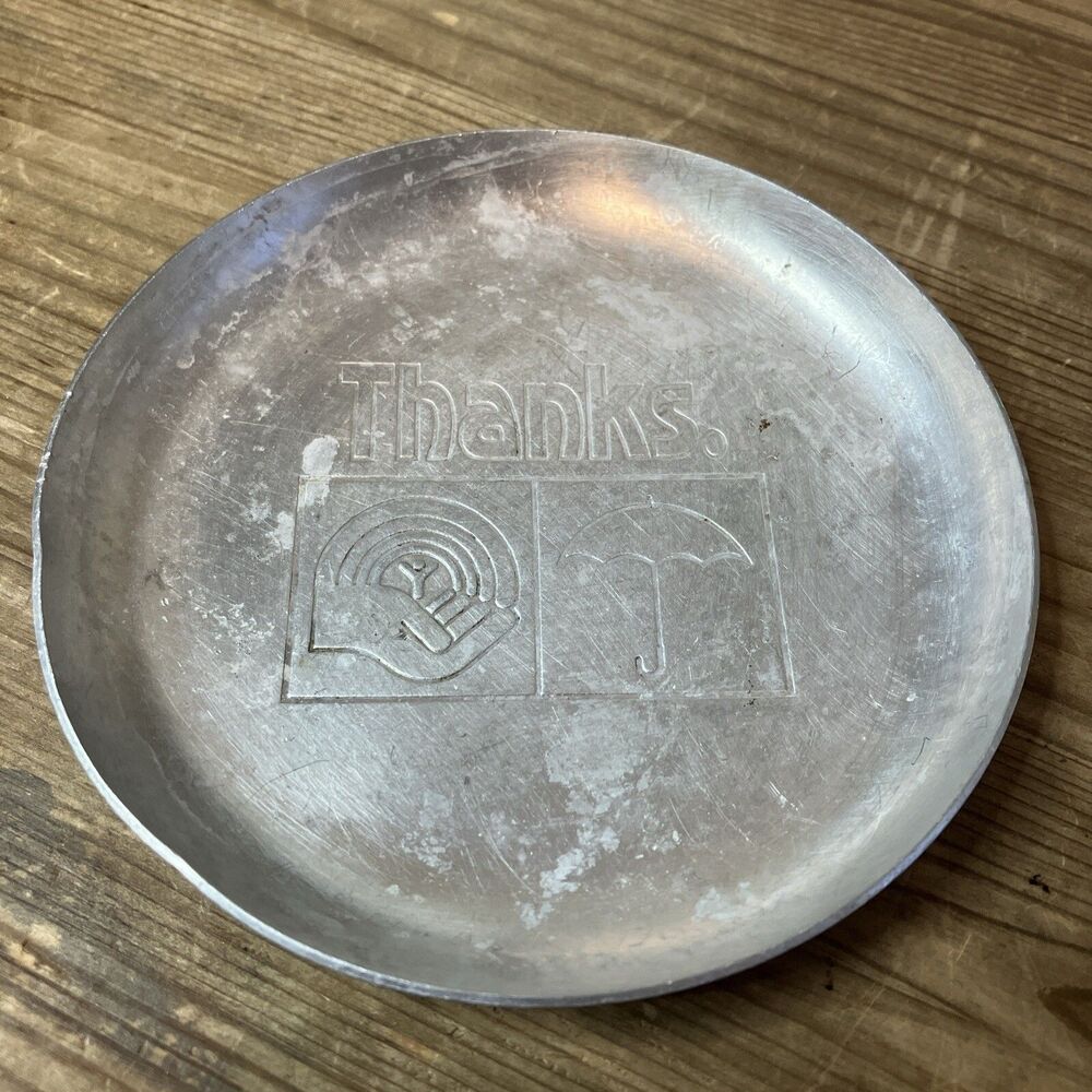 Vintage YMCA TRAVLERS Thanks. Aluminum Round Tray Dish Coaster Ashtray 4.5 In